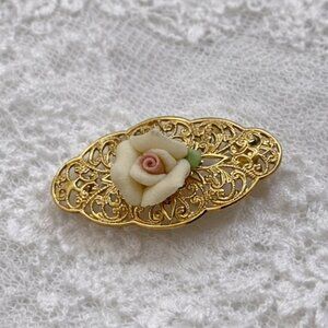 Antique Estate Vintage Porcelain Rose Brooch Gold Tone Filigree Flower Jewelry